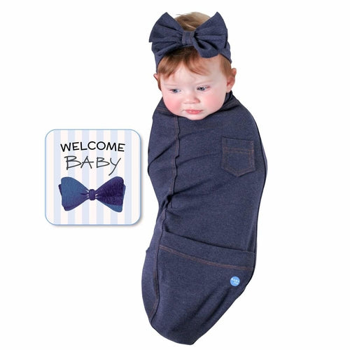 Blue Jean Baby" Cute Denim-Look Newborn Swaddle Blanket & Headband Set