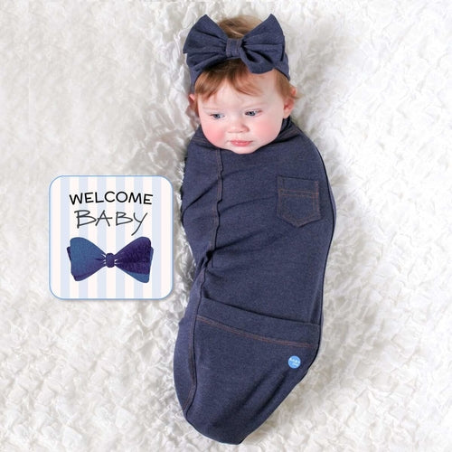 Blue Jean Baby" Cute Denim-Look Newborn Swaddle Blanket & Headband Set