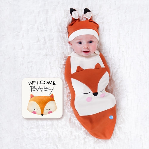 Cute Fox Newborn Swaddle Blanket & Hat Set - Soft Infant Sleep Sack Receiving Blanket