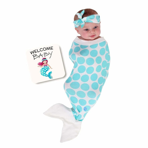 Mermaid Baby" Cute Mermaid Tail Newborn Swaddle Blanket & Headband Set